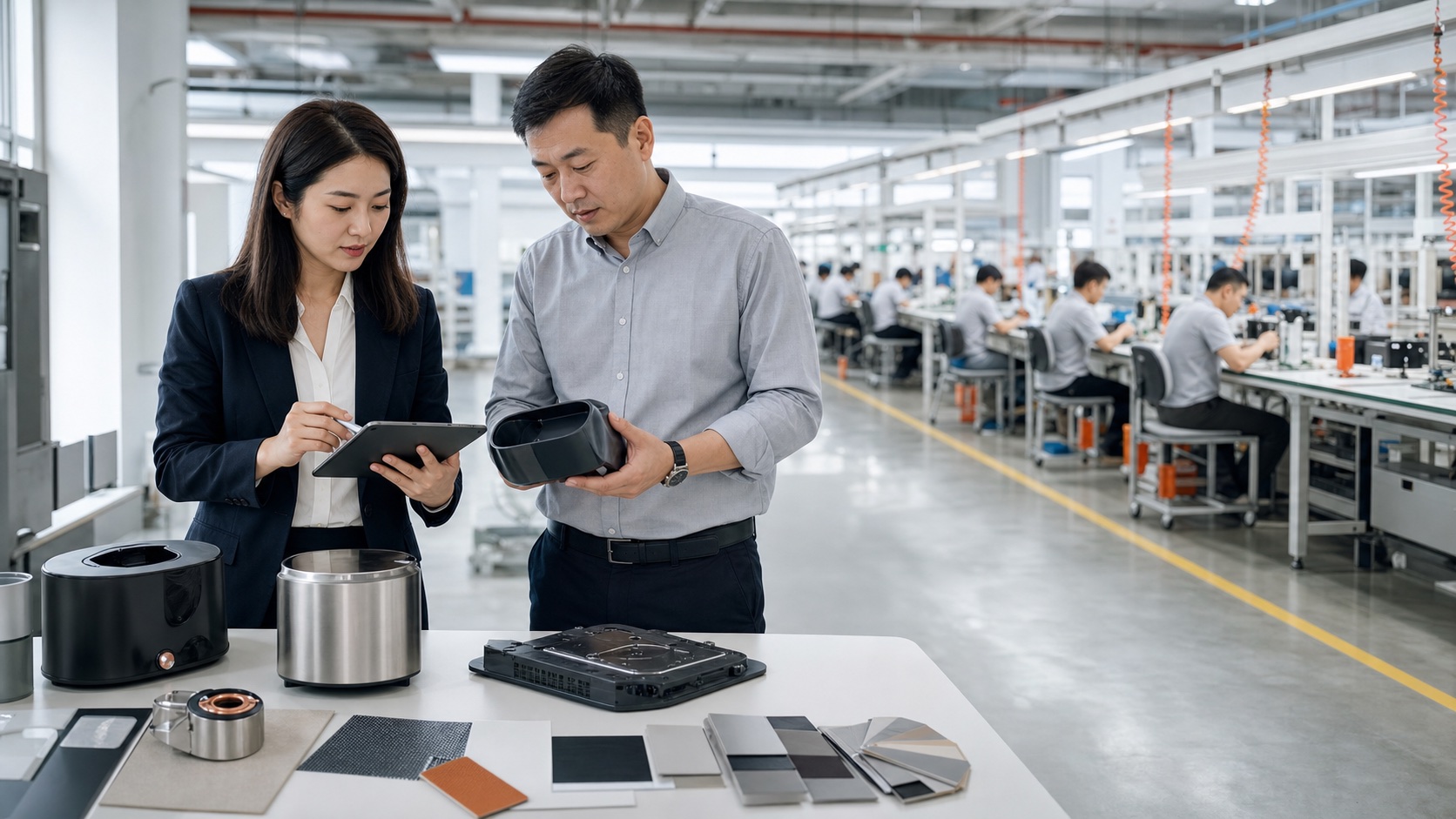 Trading specialist reviewing product samples with a factory manager